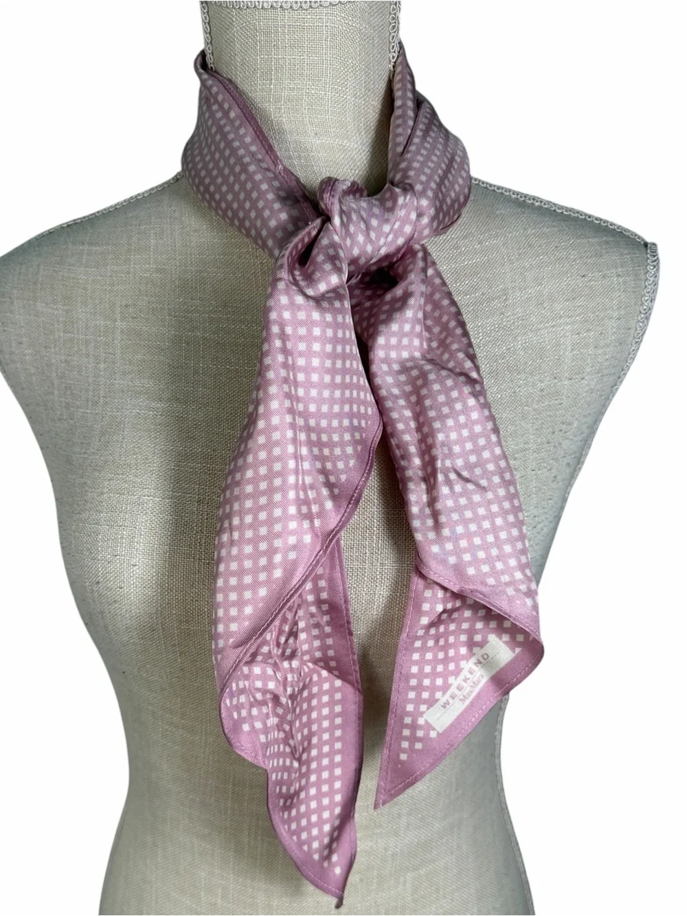 Weekend Max Mara Mauve Pink & White Checkered Print Satin Silk Scarf